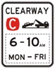 A parking sign indicating that this area is a clearway between 6am to 10am on Monday to Friday, and violators will be towed.