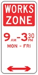 A parking sign indicating that this area is a works zone between 9:30am to 3:30pm on Monday to Friday.