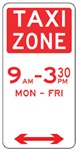 A parking sign indicating that this area is a taxi zone between 9:30am to 3:30pm on Monday to Friday.