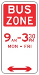 A parking sign indicating that this area is a bus zone between 9:30am to 3:30pm on Monday to Friday.