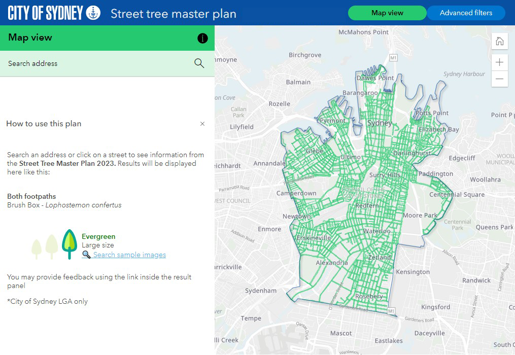 Screenshot of a web application, showing a map on the right, with streets marked in green, and a panel on the left explaining how to use the map.